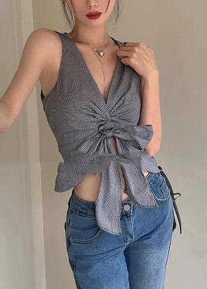 Gilet sexy gris à col en V et taille nouée pour l'été AN1028 