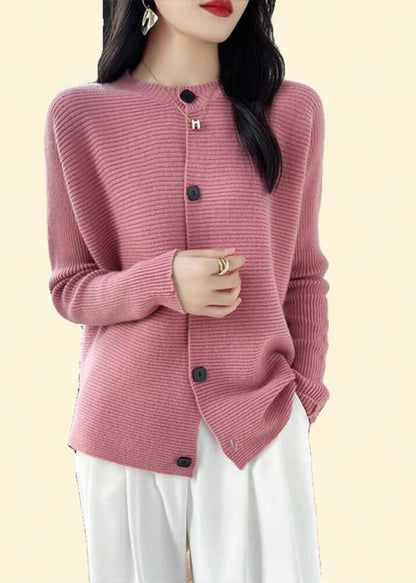 Cardigans en tricot de coton à boutons et col rond rose fin Automne QP046 