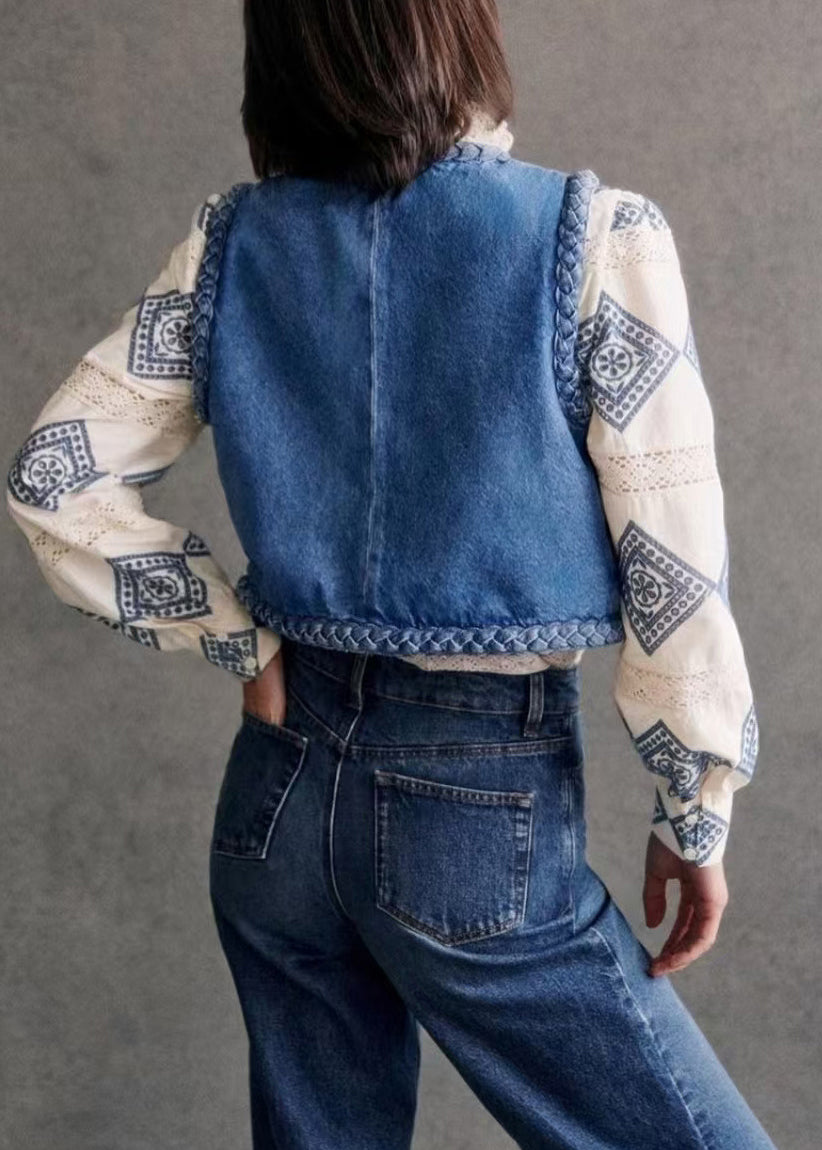 O Bohemian Cotton Filled Blue Fine Denim Vest Neck Sleeveless