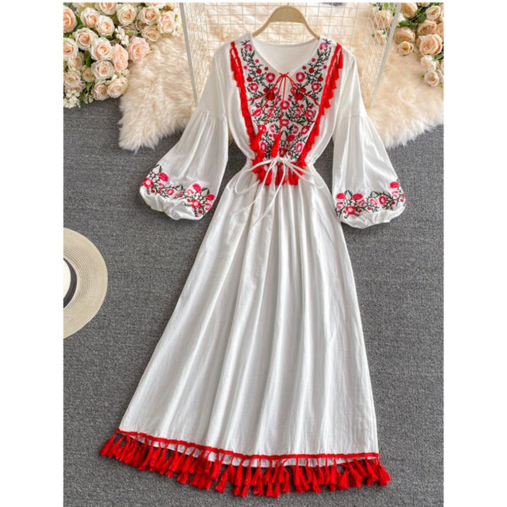 Retro White V-neck Lacing Embroidery Tassel Hem Long Puff Sleeve Dress AR1015