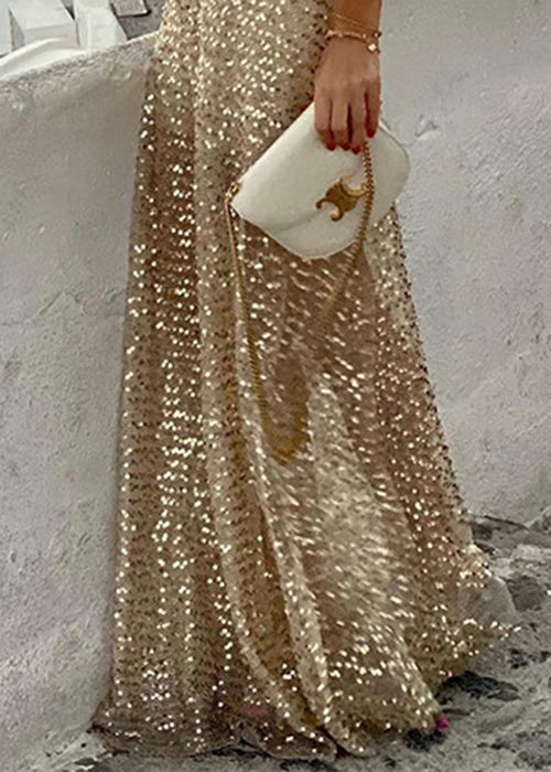 Waist High Maxi Sequins Stylish Gold Spring Skirts