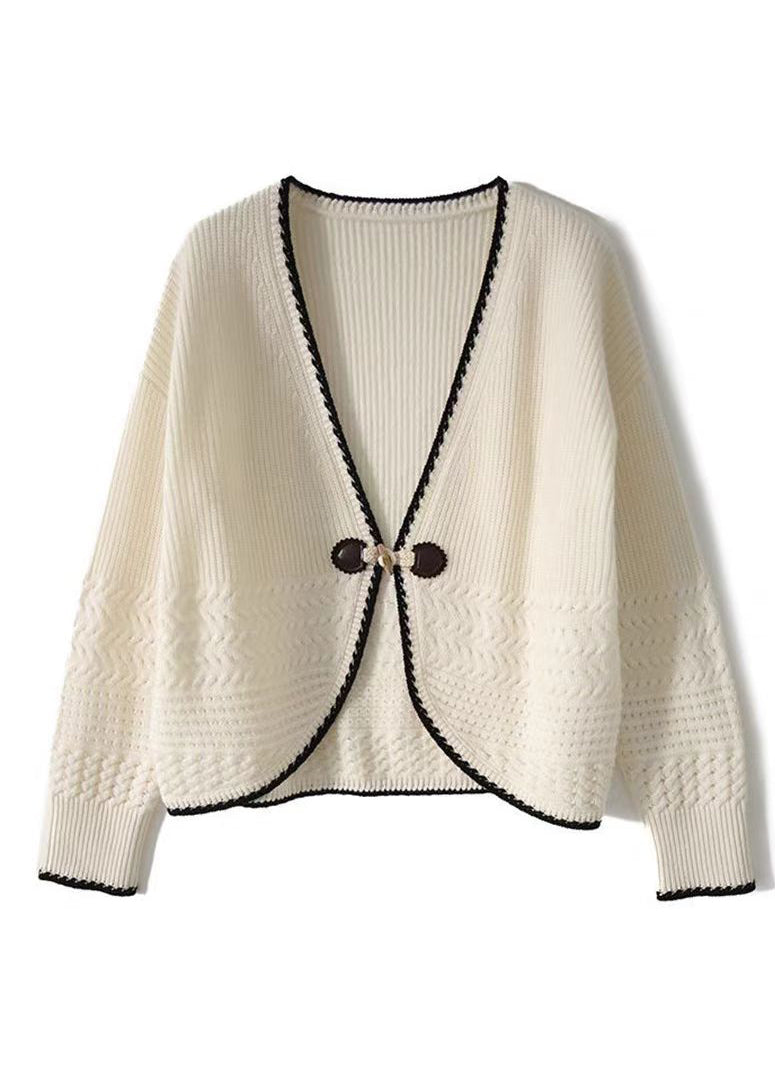 Women Beige V Neck Woolen Knit Cardigan Fall QC049