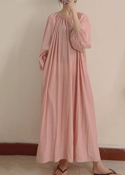 Robe longue rose froissée à poches et manches longues pour femme TT1044 