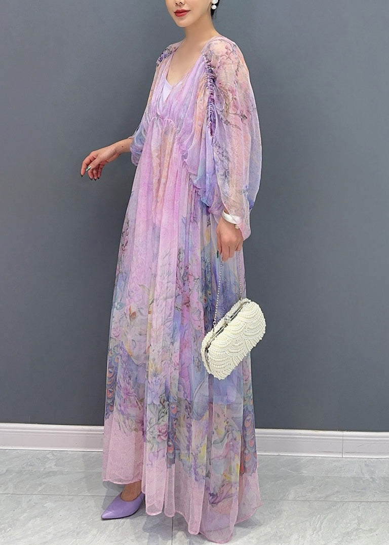 Women Lavender U Neck Print Patchwork Long Dresses Summer AO1064