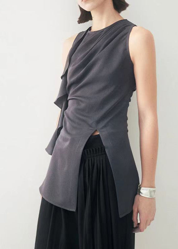 Original Grey O-Neck Ruffled Patchwork Side Open Top Sleeveless AN1016