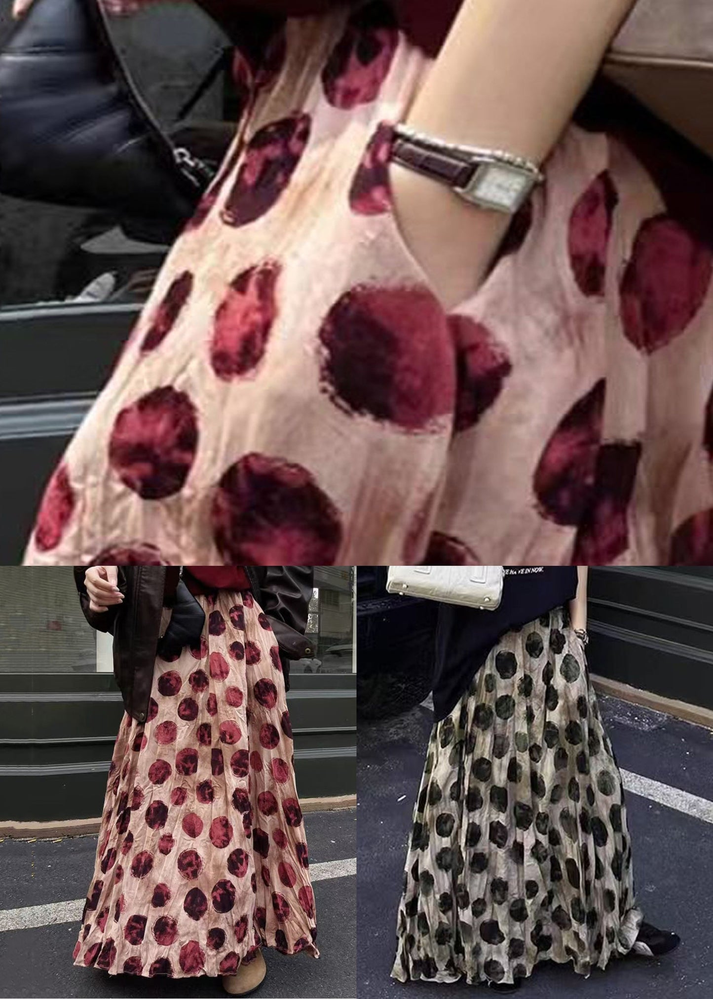 Waist Elastic Skirts Print Cotton Pink Summer