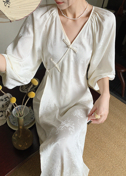 Neu Lange Jacquard Beige Frühling Neck Seide Orientalischen Kleid 