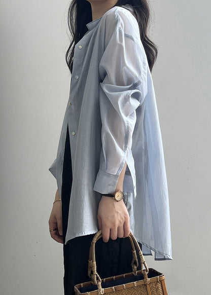 Open Up Pan Peter Spring Blouses Silk Lace Side Collar Blue