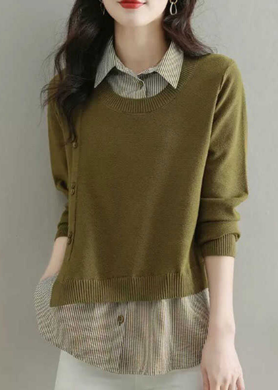 Natural Coffee Peter Pan Collar Patchwork Fake Two Pieces Wool Knit Shirt Fal WD038