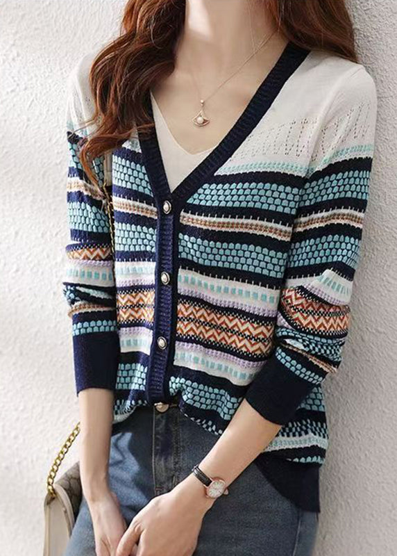 Women Colorblock V Neck Striped Patchwork Button Knit Cardigans Fall QP010