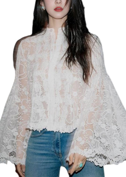 Stylish White Button Hollow Out Lace Blouses Flare Sleeve QP056