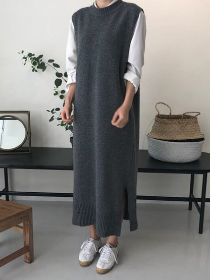 Robe en tricot sans manches à col rond noire urbaine QX017 