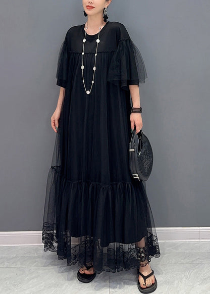 Robe noire en tulle plissé à col rond et patchwork grande taille pour l'été AO1070 