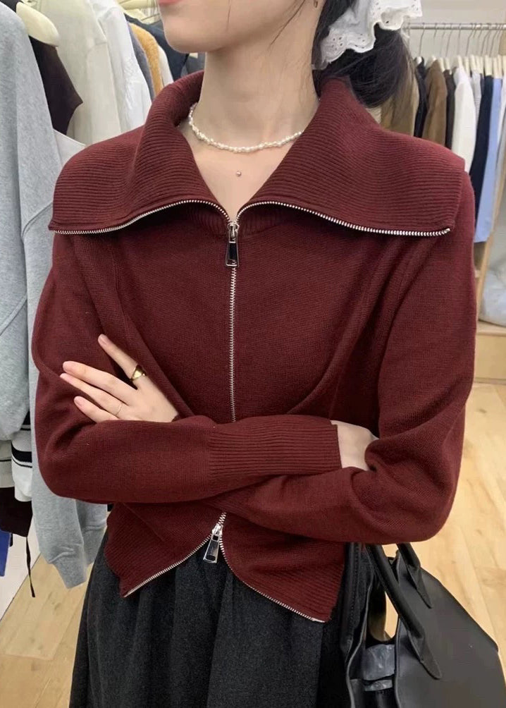 Neuer schwarzer Strickpullover mit Peter-Pan-Kragen und Reißverschluss, Herbst RY021 