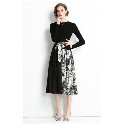 Robe en tricot à manches longues et ourlet plissé avec ceinture et col rond pour femme, imprimé floral, noir, AR1001 