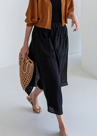 Summer Pants Side Black Skirt Open Linen Simple