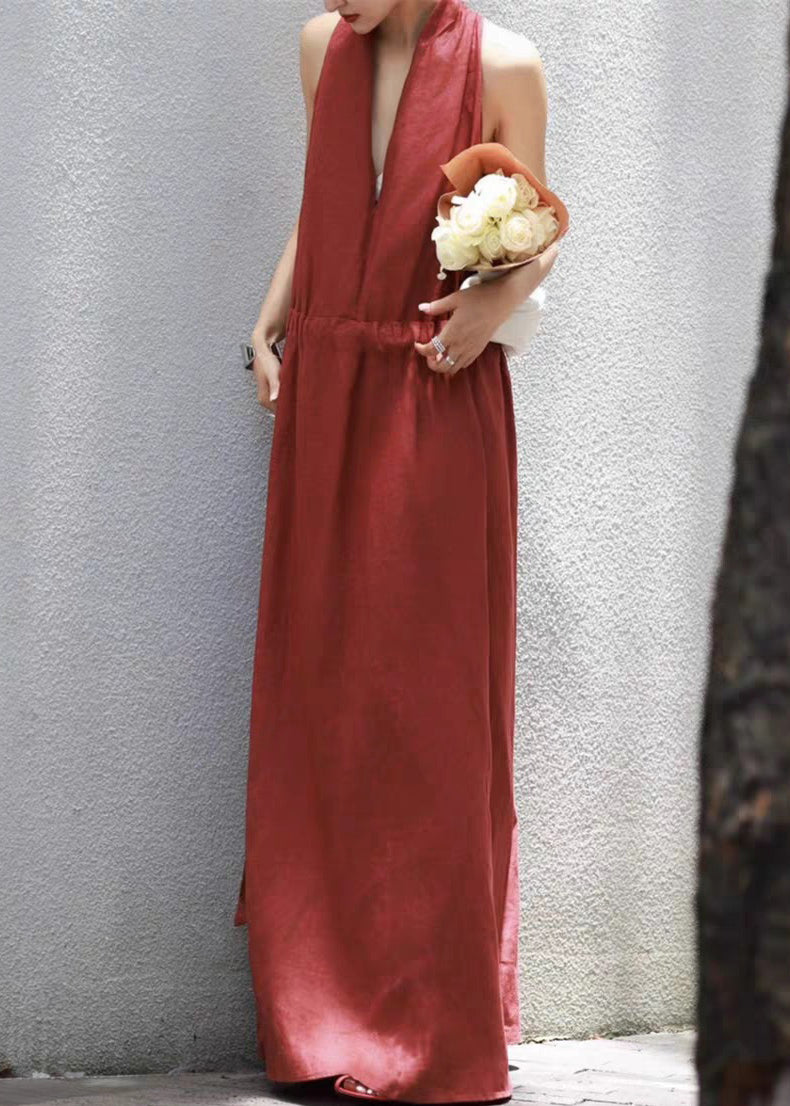 Kleid mit V-Ausschnitt, einfarbig, Baumwolle, lang, rot, hochgeschlossen, Sommer 