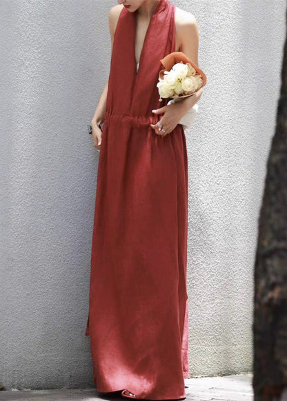 Kleid mit V-Ausschnitt, einfarbig, Baumwolle, lang, rot, hochgeschlossen, Sommer 