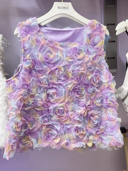 Robe fantaisie rose à col rond et dégradé floral sans manches AZ1008 