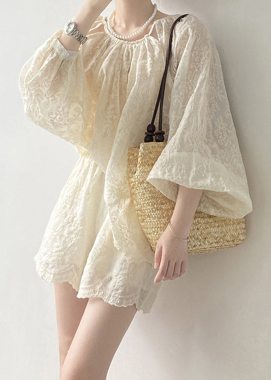 Frühling Bestickt Und Shorts Set Tops Zwei Stück Beige Kunst Baumwolle 