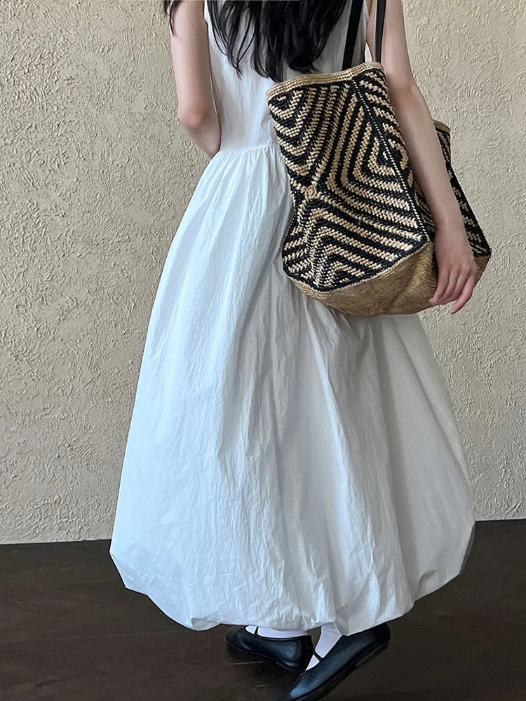 Patchwork-Kleid mit O-Ausschnitt, schlicht, ärmellos, blau, Puffsaum 