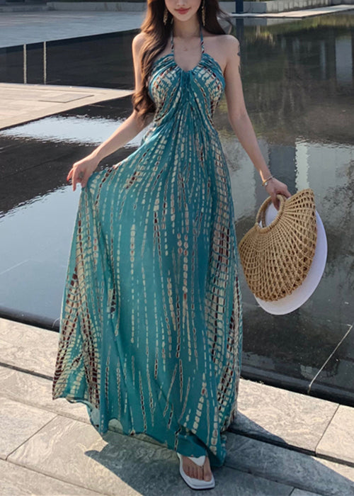 Printkleid Ärmellos Rückenfrei Blau Urlaub Baumwolle Stilvoll 