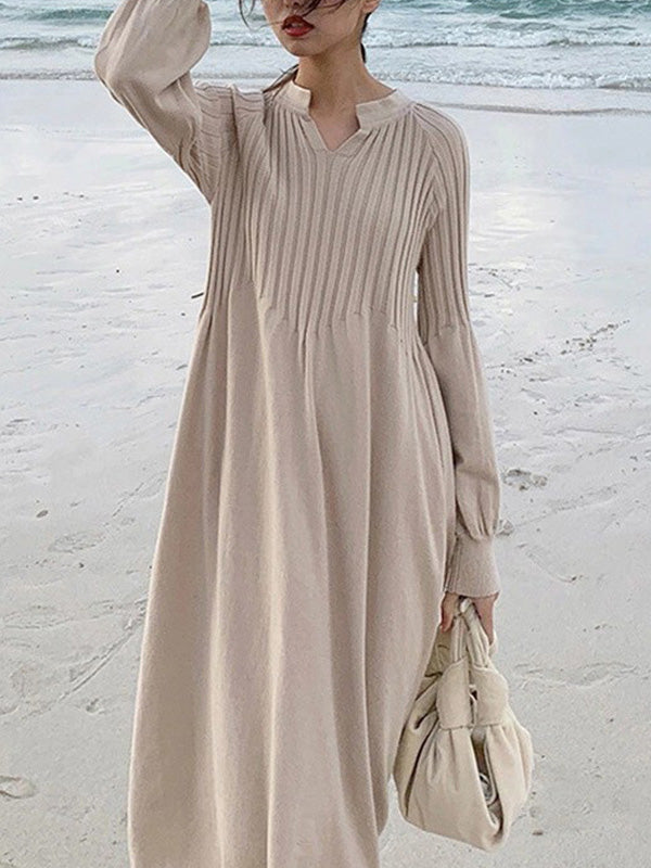 Causal Loose Grey V-Neck Pleated Long Puff Sleeve Knit Dress AN1038