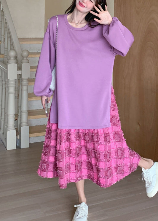 Lila Kleid Frühling Plaid O-Ausschnitt Lose Maxi 