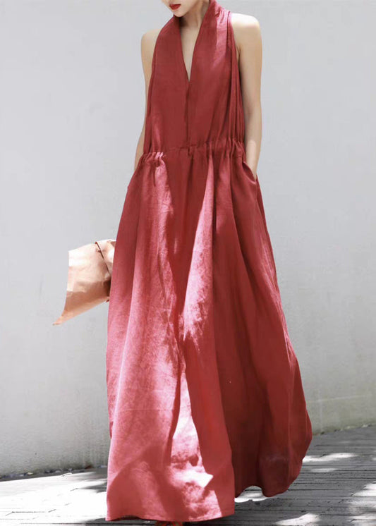 Kleid mit V-Ausschnitt, einfarbig, Baumwolle, lang, rot, hochgeschlossen, Sommer 