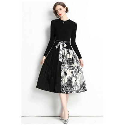 Robe en tricot à manches longues et ourlet plissé avec ceinture et col rond pour femme, imprimé floral, noir, AR1001 