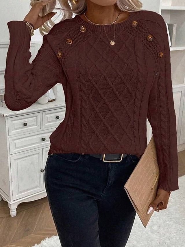 Women's Sweater Casual Soft Pure Color Cable Crew Neck