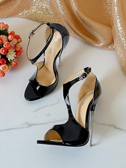 Stiletto Red Leather Strappy - Open Patent Heels Women's
