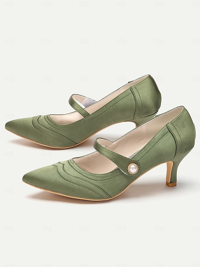 Elegant Green Heels - Button Satin Jane Pearl Mary with