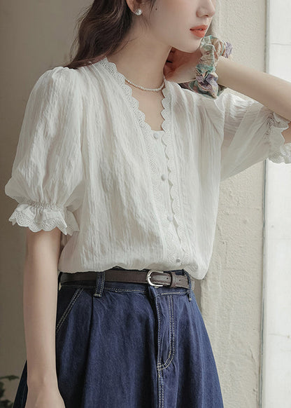Summer Neck V Lace Casual Top Patchwork White