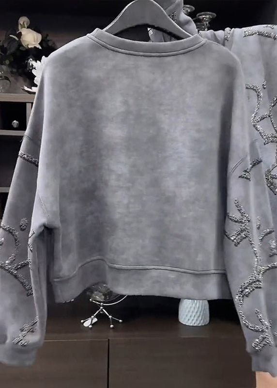 Fashion Grey O-Neck Sequins Sweatshirt Fall WD035