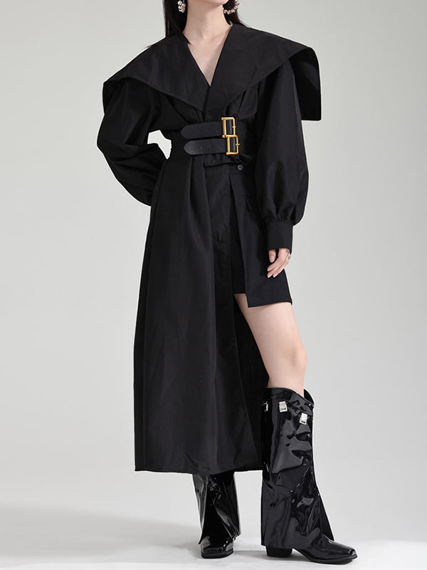 Robe longue noire plissée asymétrique à revers et ceinture moderne 