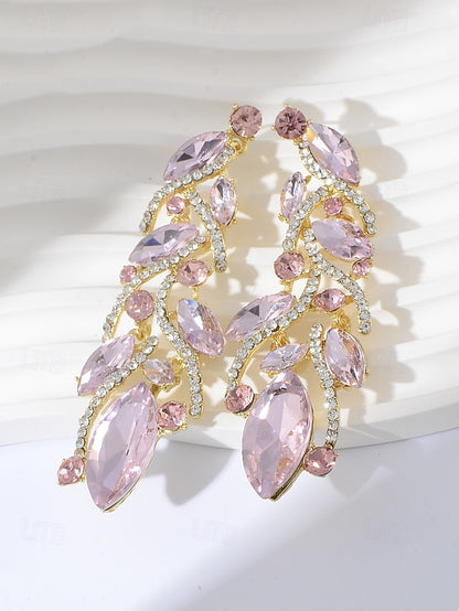 Leaf Design Earrings Women's Gold Elegant Crystal -