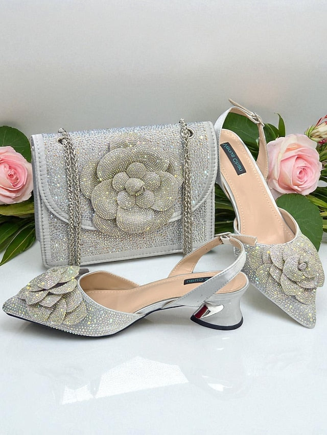 Gold Matching Rhinestone with Pumps Slingback Women's