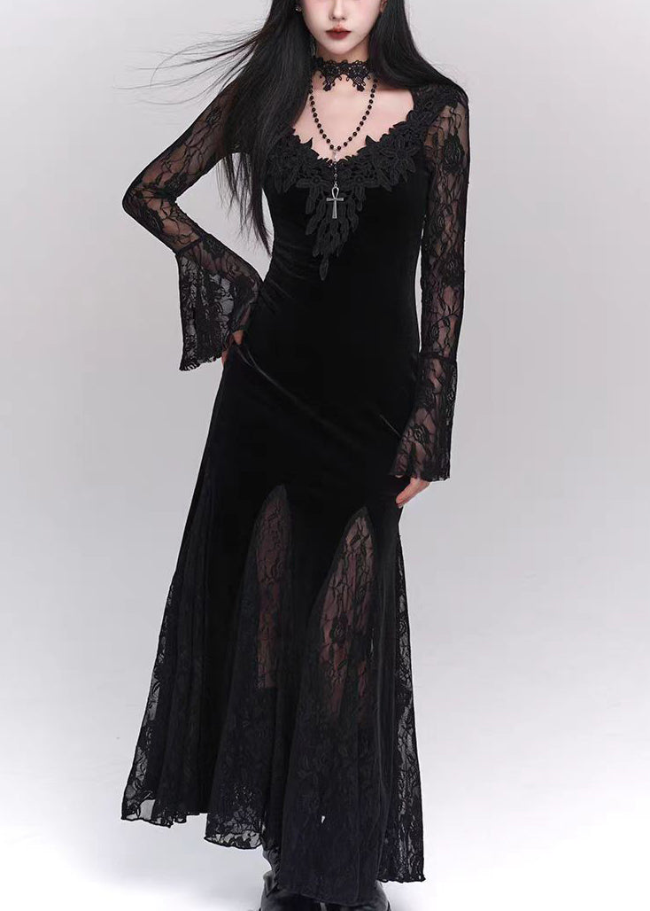 Seide Bohemian Kleider Patchwork Samt Schwarz Hohl Spitze Maxi Out 