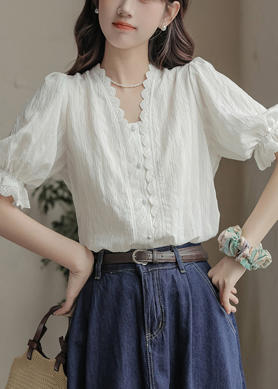 Summer Neck V Lace Casual Top Patchwork White