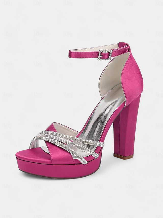 Satin Heel Purple with Straps Sandals Rhinestone High - Platform