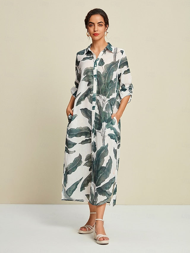 Tropical Leaves Print Maxi Dress