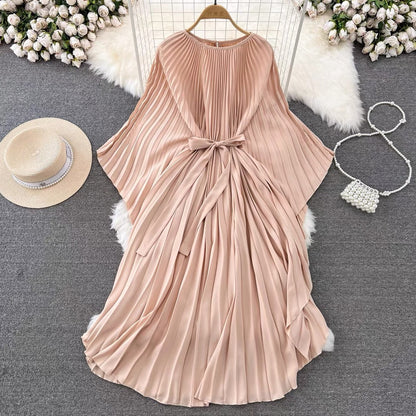 Robe plissée à lacets et manches chauve-souris rose italienne AZ1004 