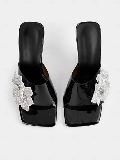 Leather Rhinestone Mules Women's with Flower Patent Black