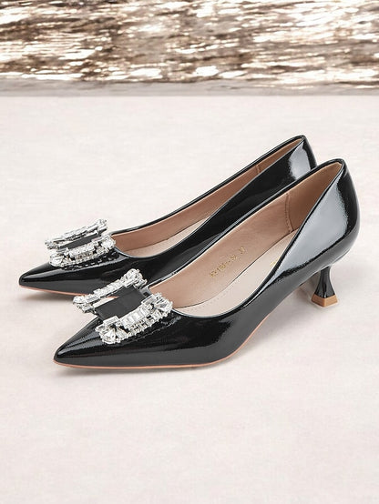 Black Women's with Leather Crystal Pumps Embellished Patent