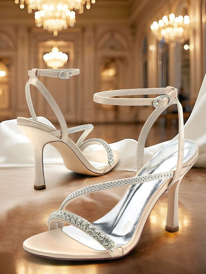 Satin Sophisticated Champagne – Rhinestone Strappy Heels