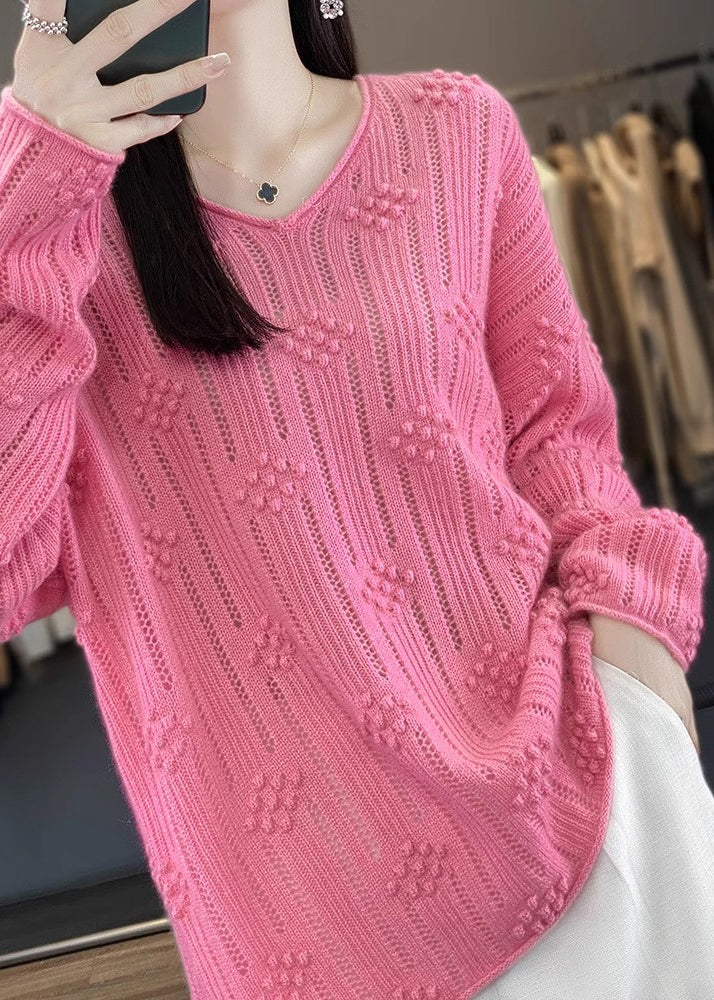 Casual Rose V Neck Hollow Out Cotton Knit Sweaters Fall QP016