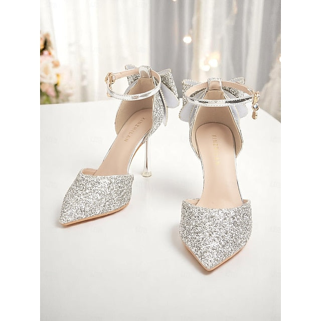 Glitter Bow Sparkly Heels - Pointed Women's Toe Silver