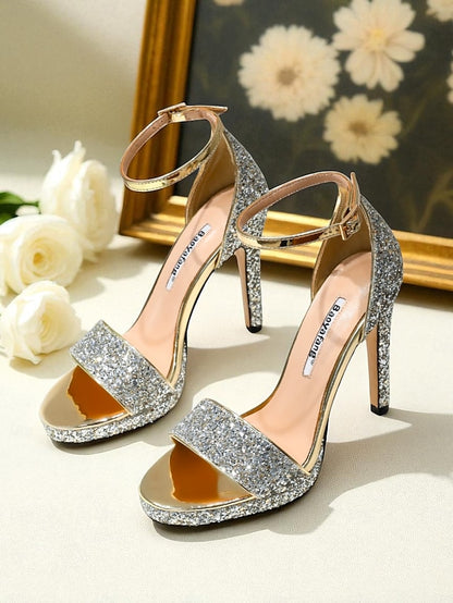 Women's Strap Sandals Ankle Silver High Heel with Glitter