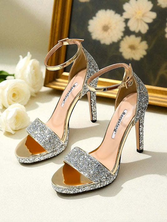 Women's Strap Sandals Ankle Silver High Heel with Glitter
